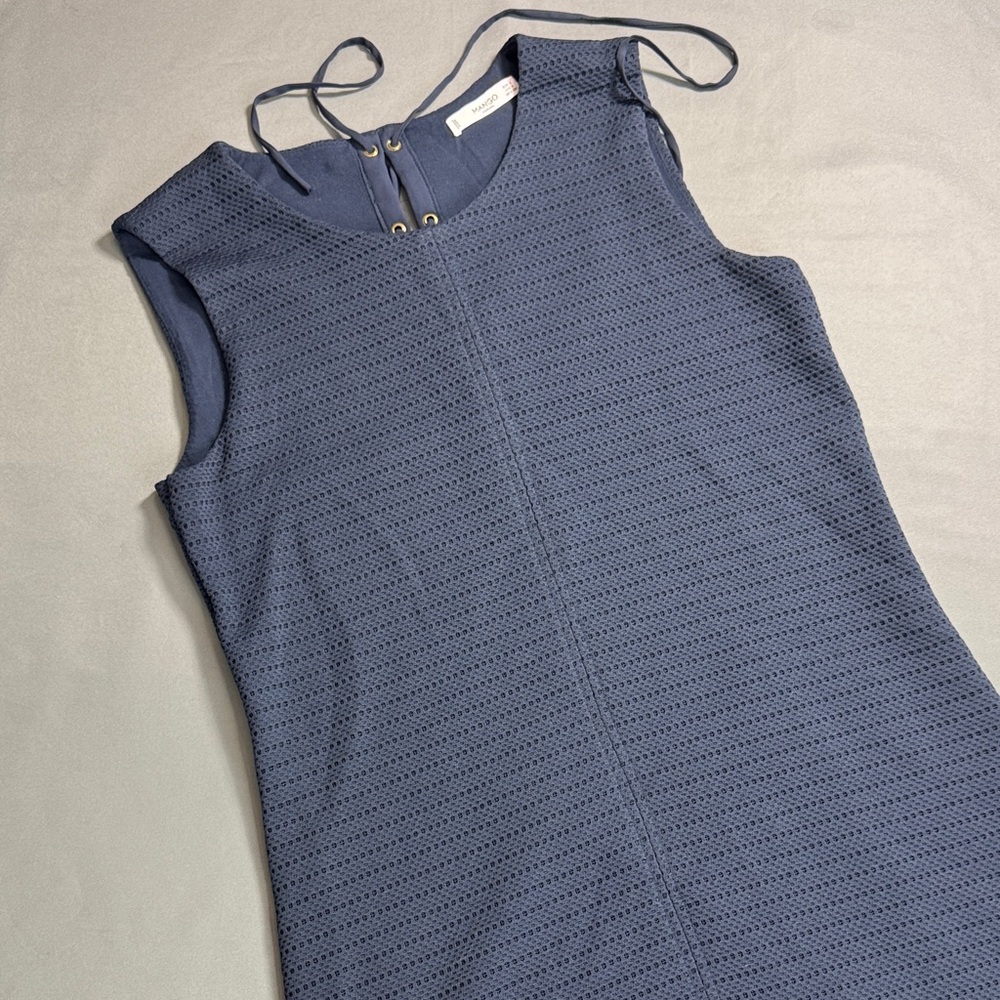 Mango Navy Textured Midi Dress Short Sleeve Fit &‎ Flare Size 4